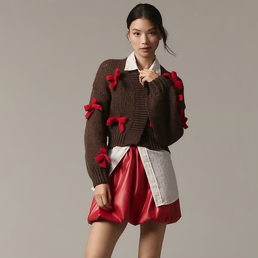 NWOT Anthropologie Maeve Alicia 3D Bow Crop Cardigan Sweater Brown Red One Size